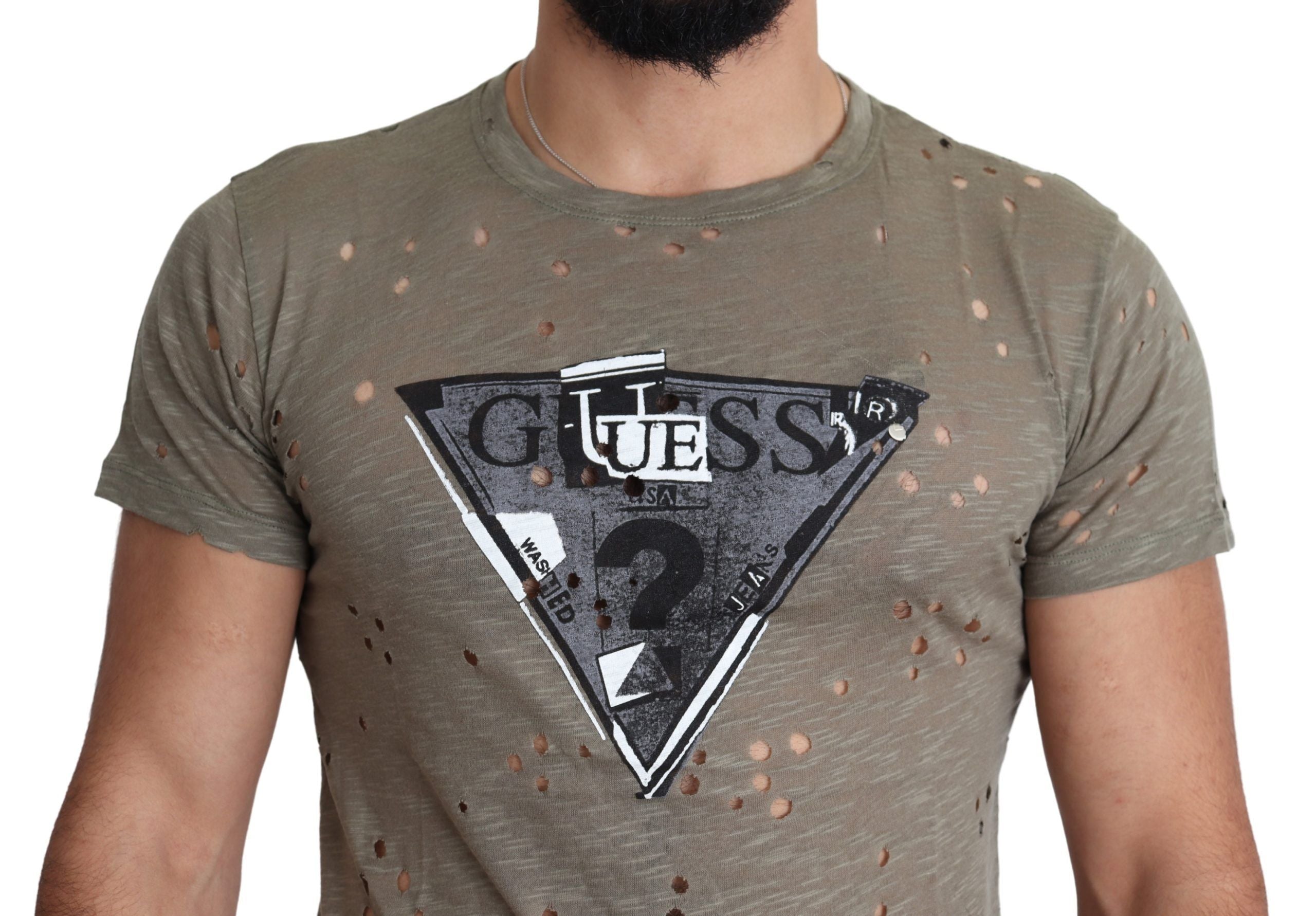 Guess Erkek Kahverengi Pamuklu Streç Tişört Logo Baskılı Günlük Delikli Tişört